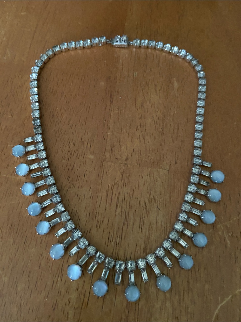 Vintage 50s 1950s Crystal & Pale Blue glass faux moonstone choker drop Necklace